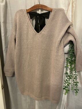 SHEIN Taupe V-Neck Oversized Knit Sweater bow back